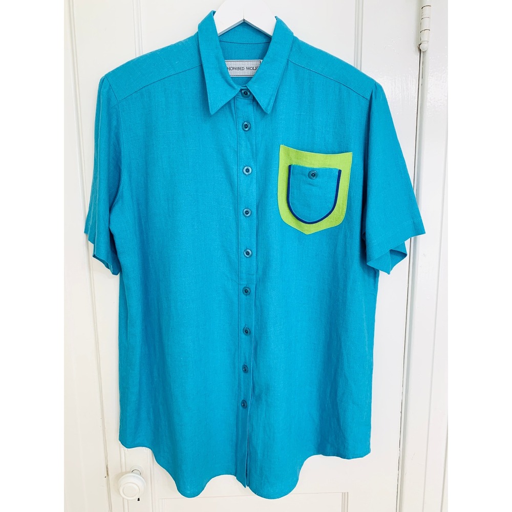 Howard Wolf Blue Vintage 80s Linen Short Sleeve Button Up Shirt 14 NWT Artsy